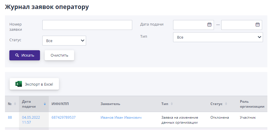 Страница «Журнал заявок оператору площадки»