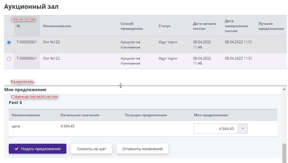 Страница «Аукционного зала»